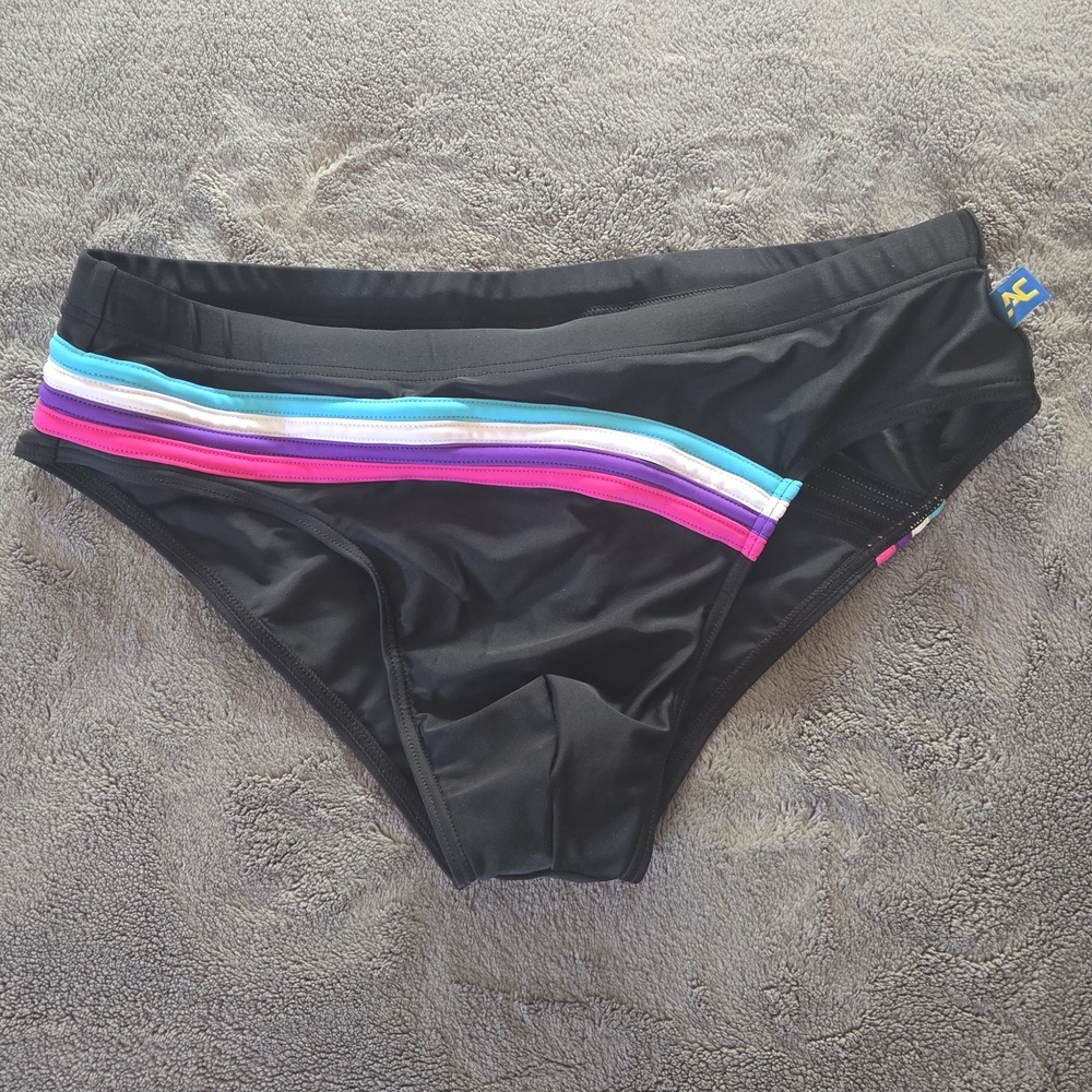 Andrew Christian Black Swim Brief with Pink and Blue Stripes